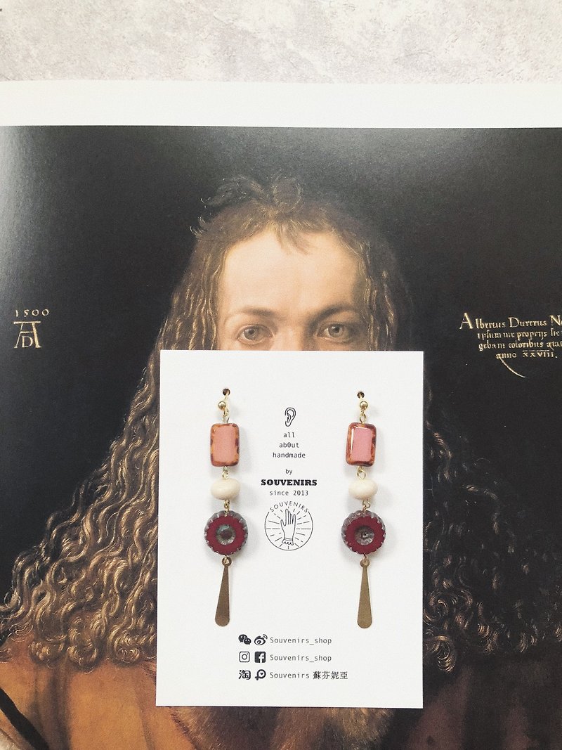 |Souvenirs|超气质复古粉色系做旧珠子条型黄铜耳钉 - 耳环/耳夹 - 其他材质 