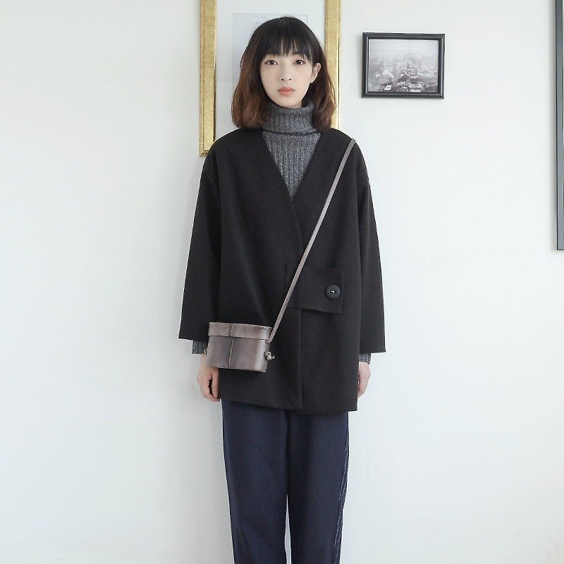 V领针织羊毛呢外套|外套|羊毛呢+棉|独立品牌|Sora-72 - 女装休闲/机能外套 - 羊毛 黑色