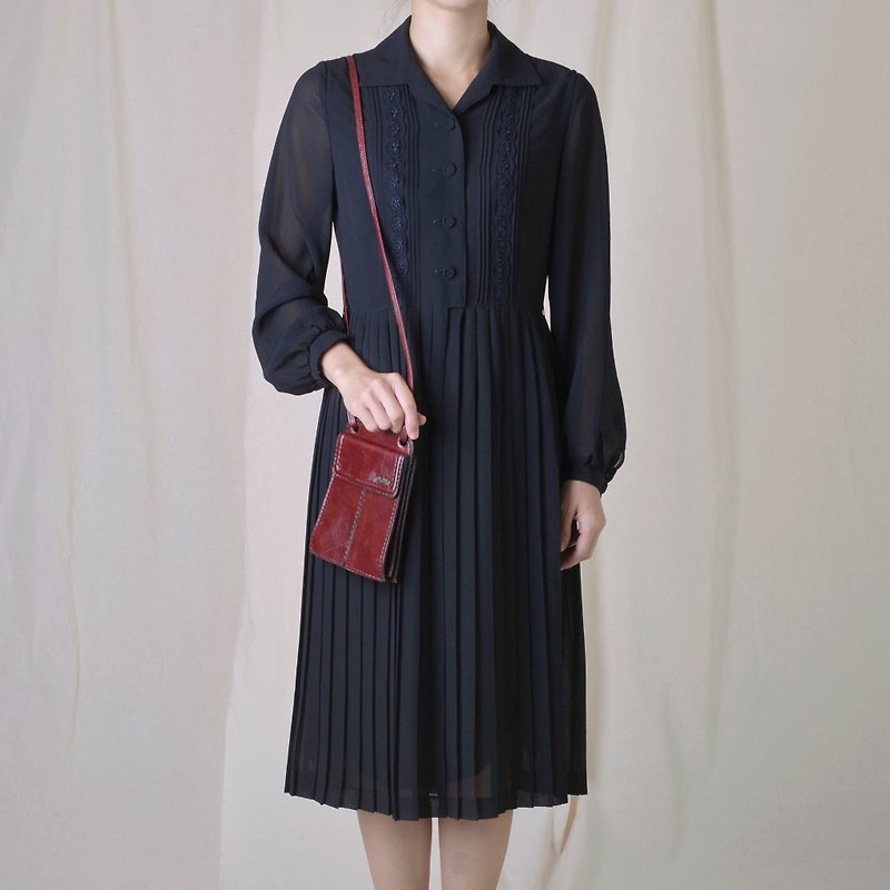Vintage 日本黑色长袖古着洋装 - 洋装/连衣裙 - 聚酯纤维 黑色