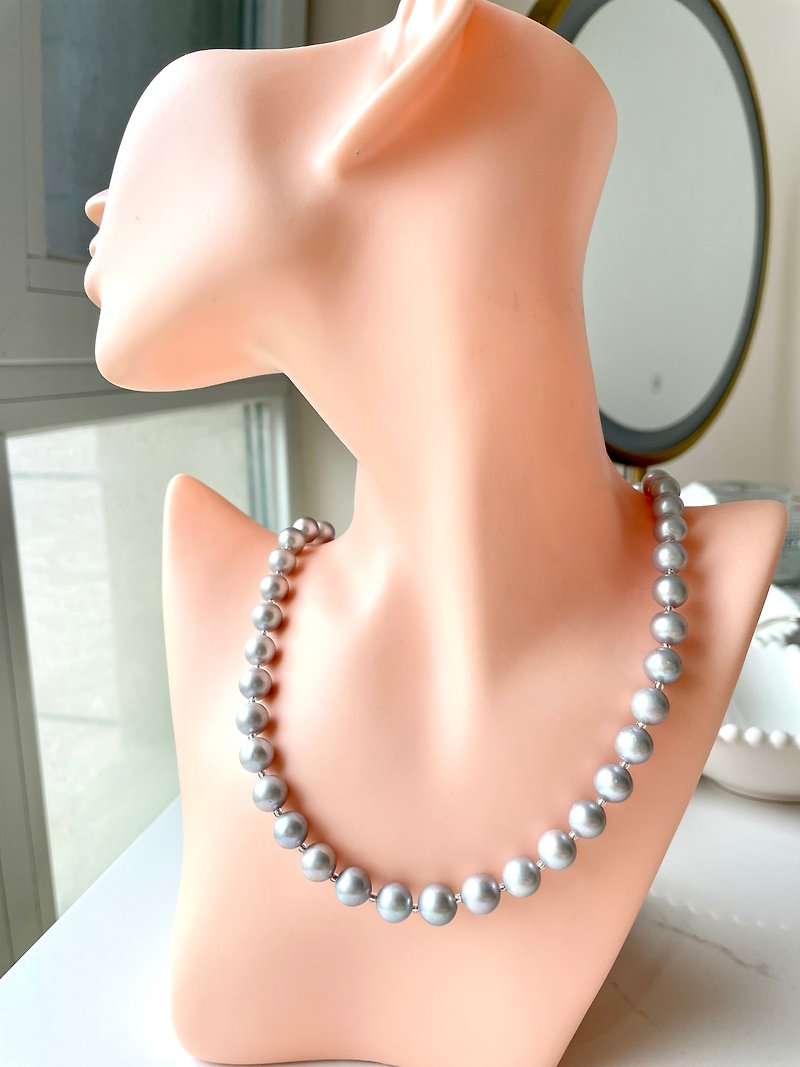 串链 天然海水珍珠 真多麻 纯银元宝扣 - 项链 - 珍珠 银色