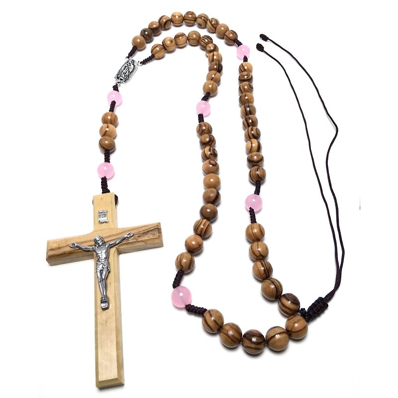 以色列进口橄榄木耶稣苦像十字架粉晶念珠(10mm)念珠#8231002 - 项链 - 木头 咖啡色