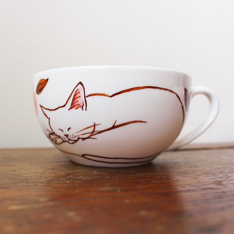 白猫和花 　汤杯 - 咖啡杯/马克杯 - 陶 粉红色