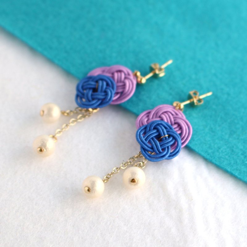 japanese traditional style pierce earring / mizuhiki / japan / flower - 耳环/耳夹 - 丝．绢 蓝色