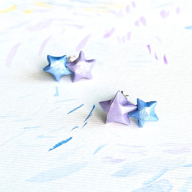 特别版幸运星星Twins Star 925耳环 (粉紫+粉蓝) - 耳环/耳夹 - 纯银 紫色