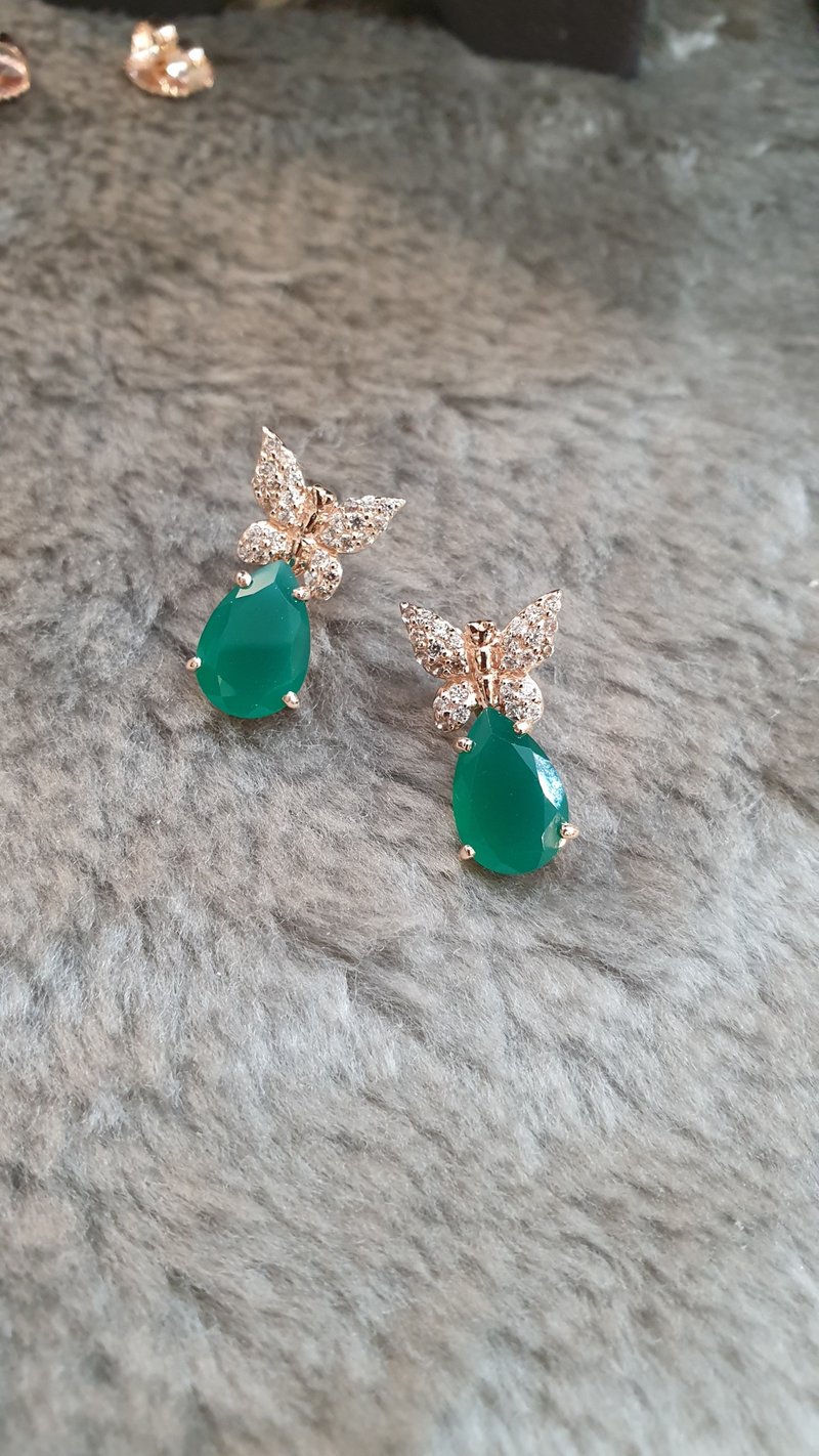 White topaz and Green agate (Detatchable) earrings in real silver plated Rose gold. - 耳环/耳夹 - 半宝石 多色