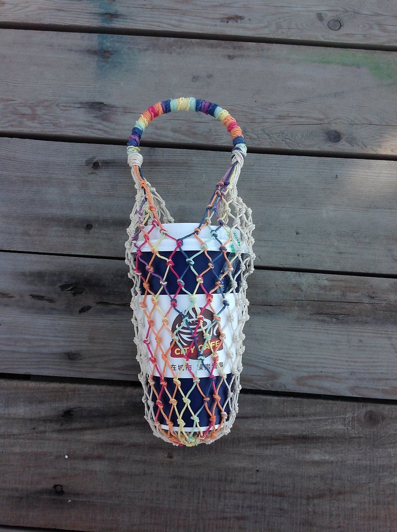 美国麻线手工编织环保袋- 原麻和彩虹系/玻璃瓶/咖啡/手摇杯 - 随行杯提袋/水壶袋 - 棉．麻 