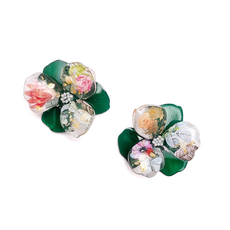 日本树脂墨绿色花朵耳环
