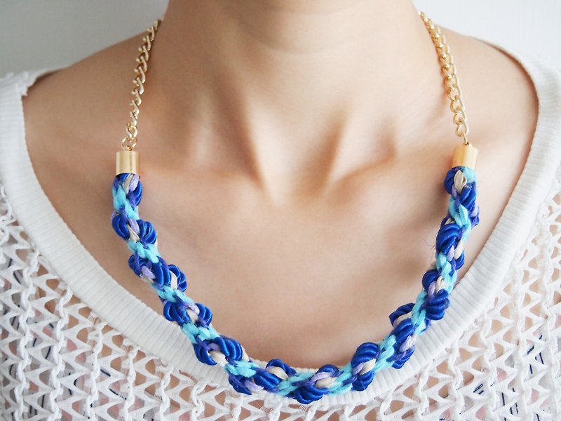海洋色系人手编织蜡线皮绳项链 - 项链 - 真皮 蓝色
