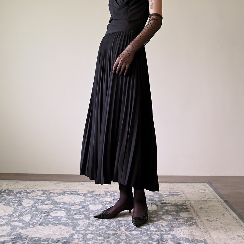 【NaSuBi Vintage】经典百褶高腰古着长裙 - 裙子 - 其他人造纤维 黑色