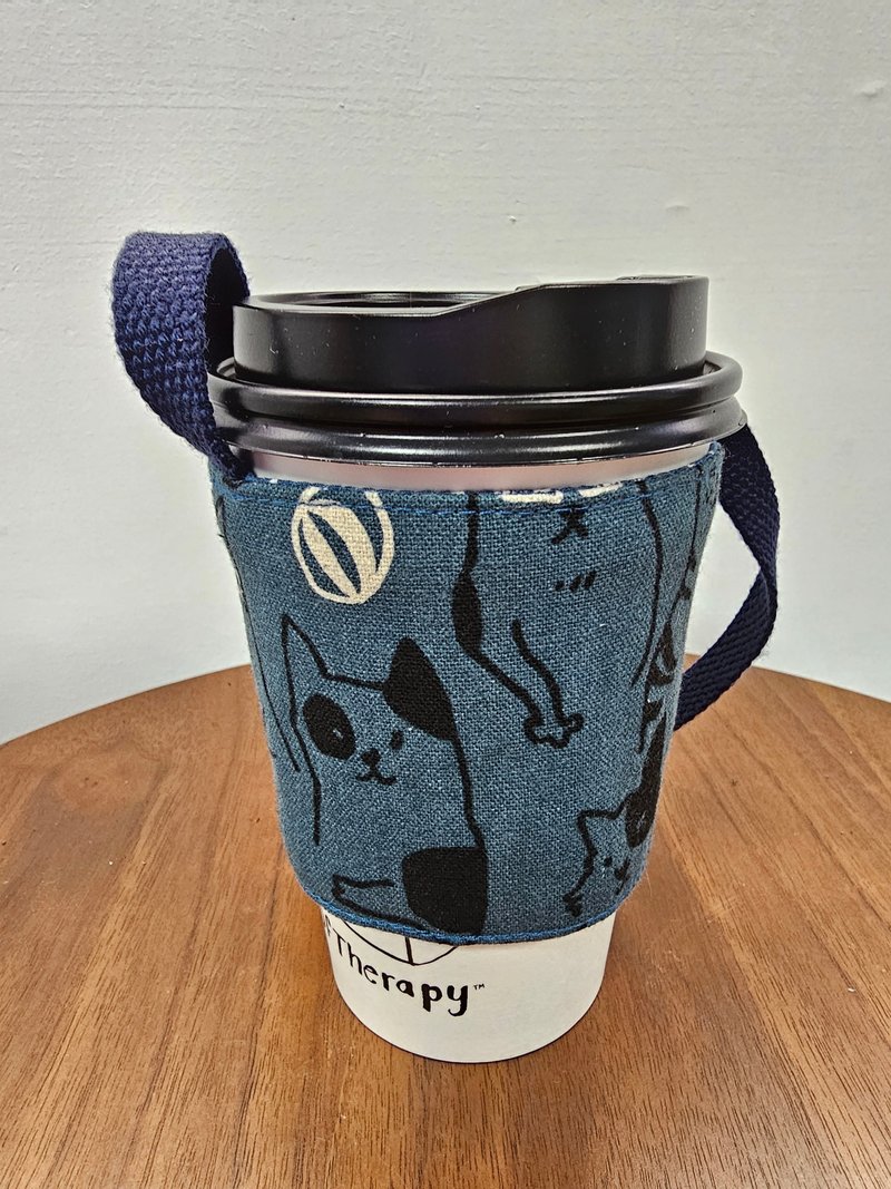 手绘猫 双层环保饮料杯套/杯袋 - 随行杯提袋/水壶袋 - 棉．麻 多色