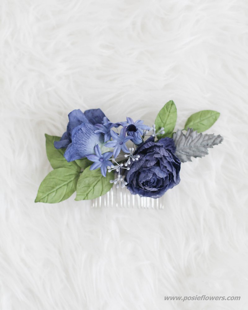 Navy Blue Handmade Paper Flower Hair Comb - 发饰 - 纸 蓝色