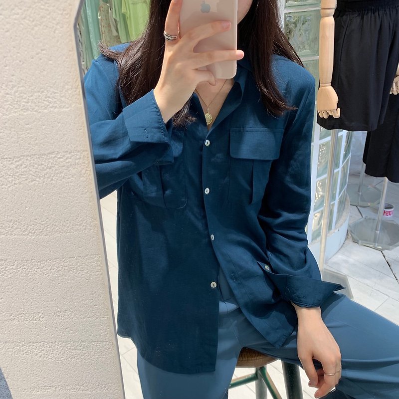 ALLY POCKET SHIRT / Navy - 女装衬衫 - 棉．麻 蓝色
