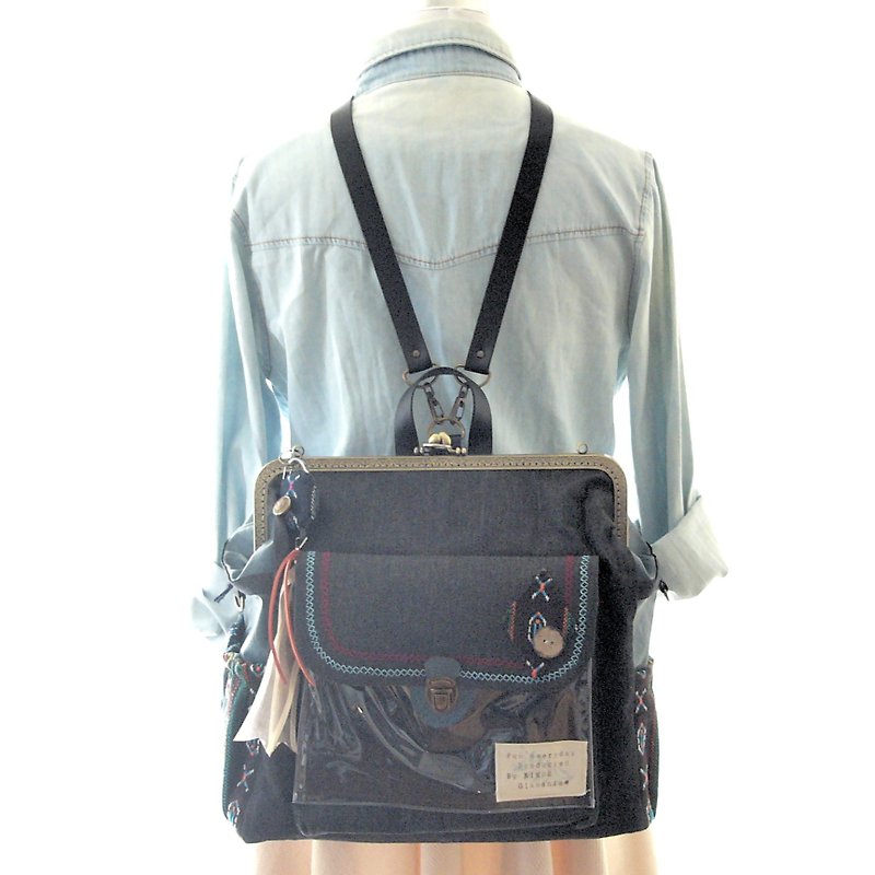 3 WAY back pocket & left zipper attaching BIG backpack full set Denim x Blue lea - 后背包/双肩包 - 人造皮革 蓝色