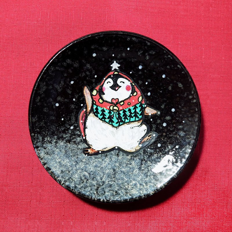 疗愈陶瓷手绘盘 - 圣诞小企鹅(14cm) - 花瓶/陶器 - 陶 红色