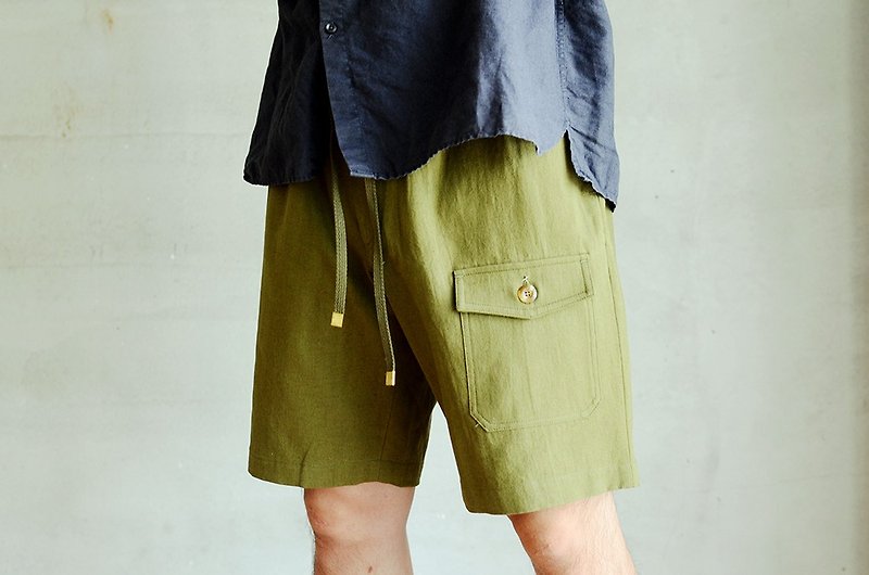 日本水洗棉麻短裤 - 男士长裤 - 棉．麻 卡其色