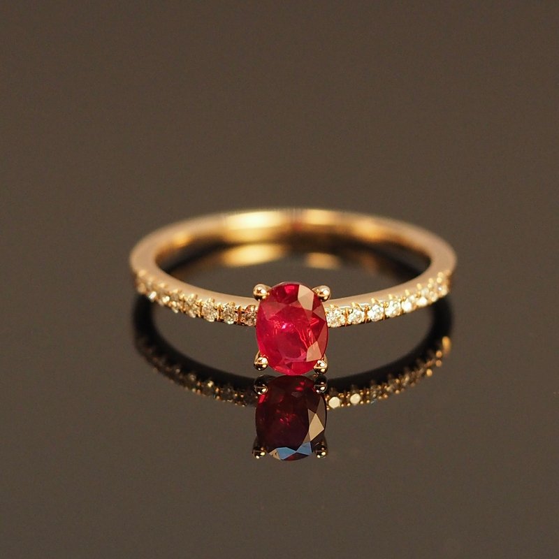 18K金椭圆形红宝石钻石戒指 Ruby Oval Diamond Band Ring - 戒指 - 贵金属 