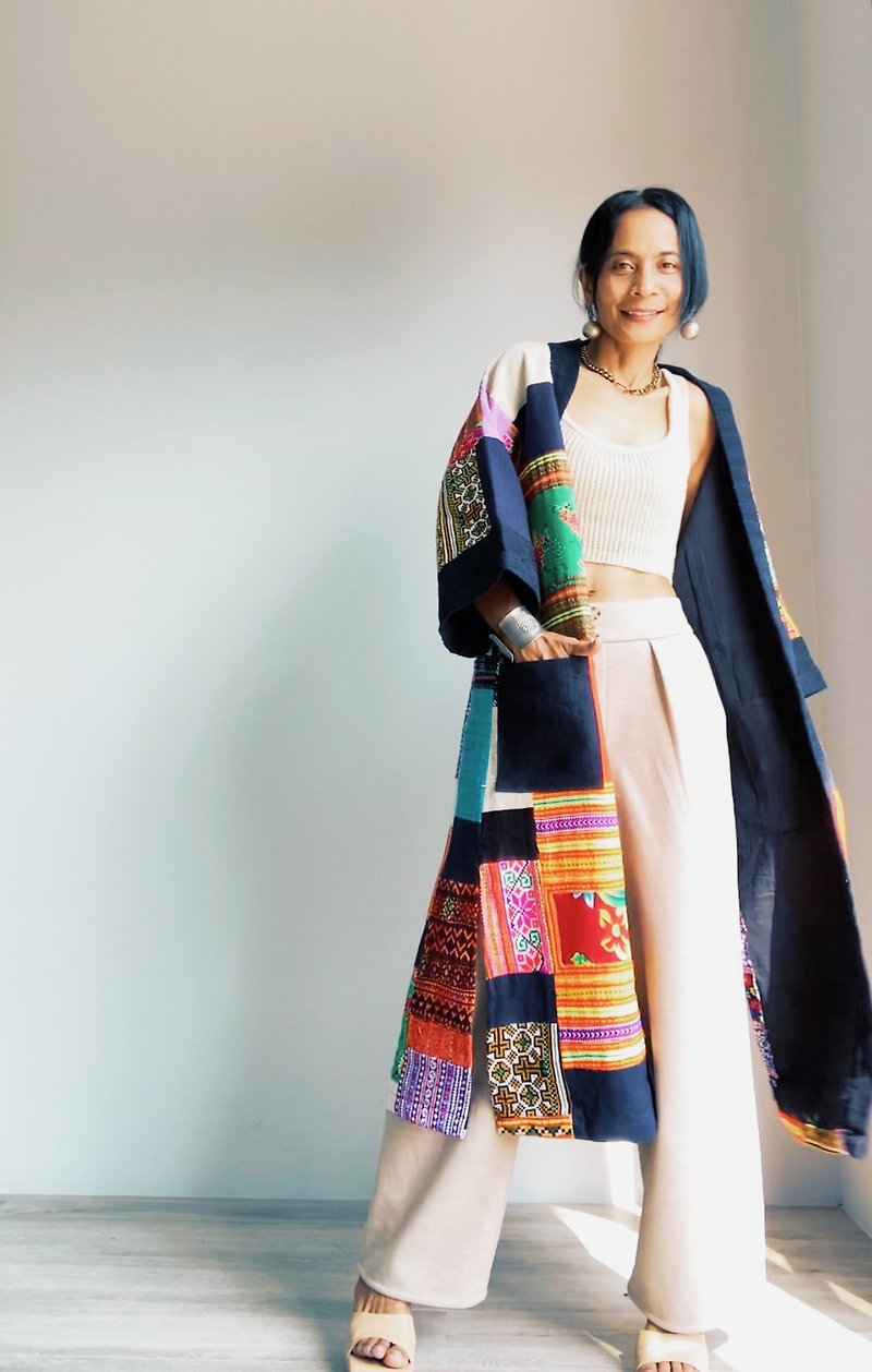 KHAESRI Patchwork Coat, Patchwork Kimono Cardigan, Boho Chic duster, Hmong tribe