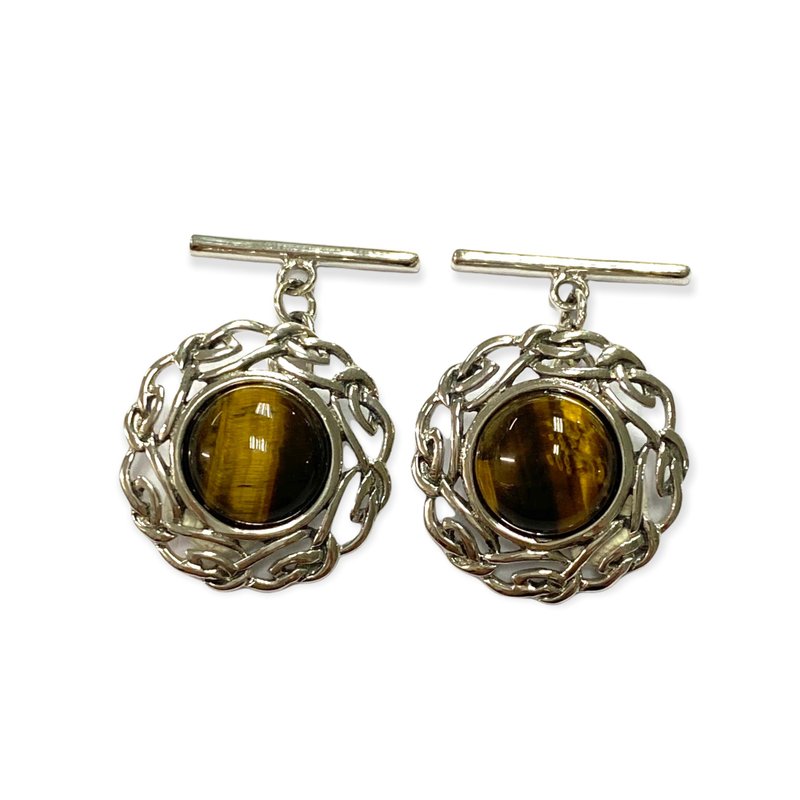 Celtic Style Tiger Eye Love Knot Wedding Cufflinks For Groom 925 Sterling Silver - 袖扣 - 纯银 咖啡色