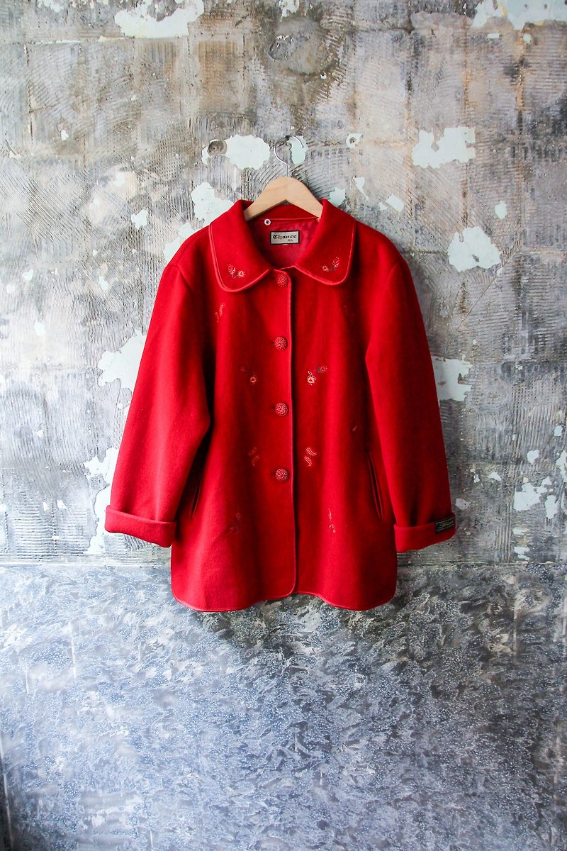 袅袅百货公司-Vintage 红色小花朵刺绣毛呢大衣外套  复古着 - 女装休闲/机能外套 - 其他材质 