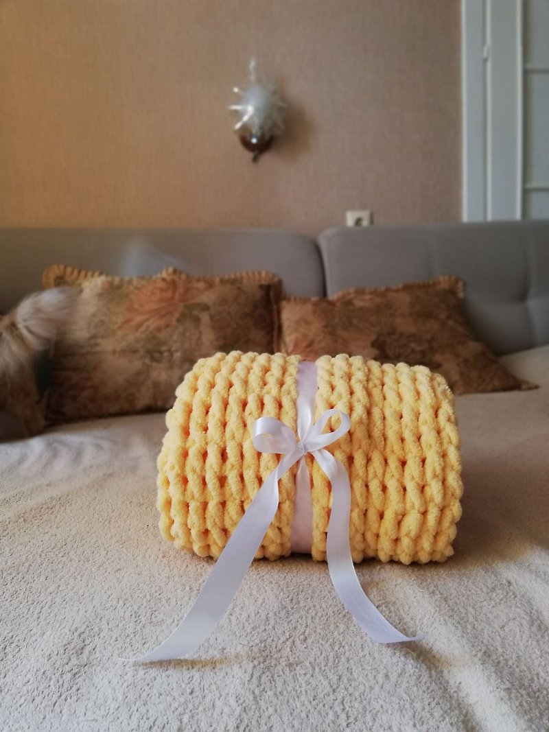 聚酯纤维 被子/毛毯 黄色 - Bedroom blanket japandi home decor knitted plush bedspread