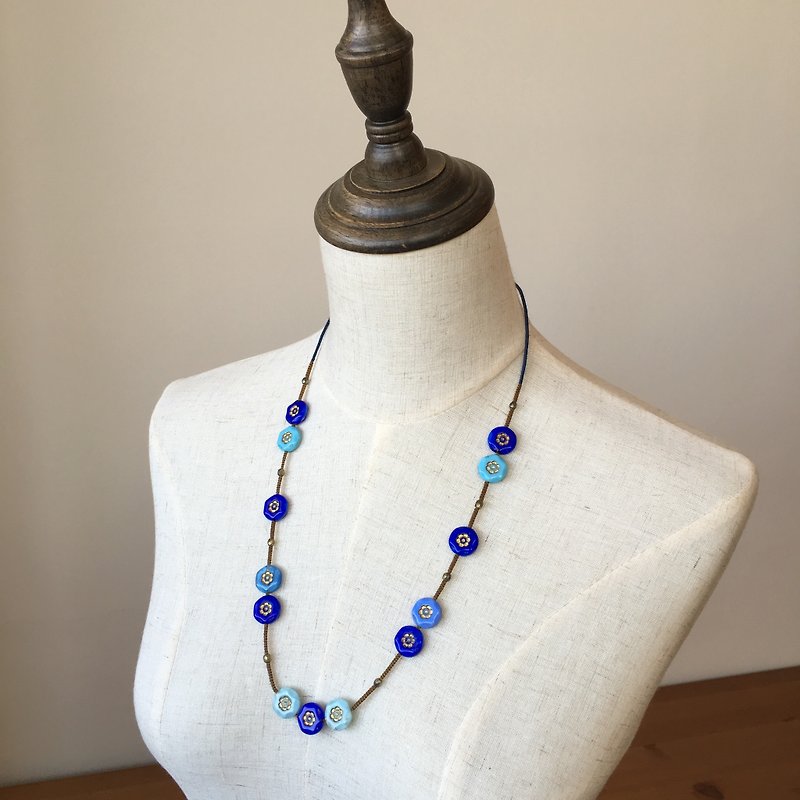 蓝色绘金花玻璃珠项链 blue tone color necklace