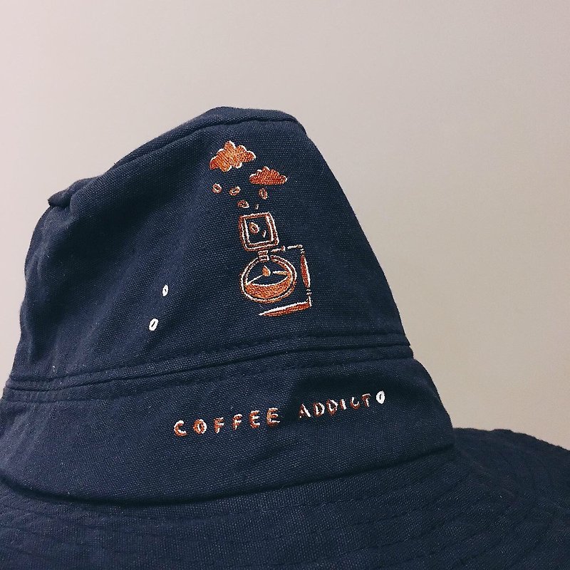 咖啡成瘾// 手绘厚磅渔夫帽 - 帽子 - 其他材质 蓝色