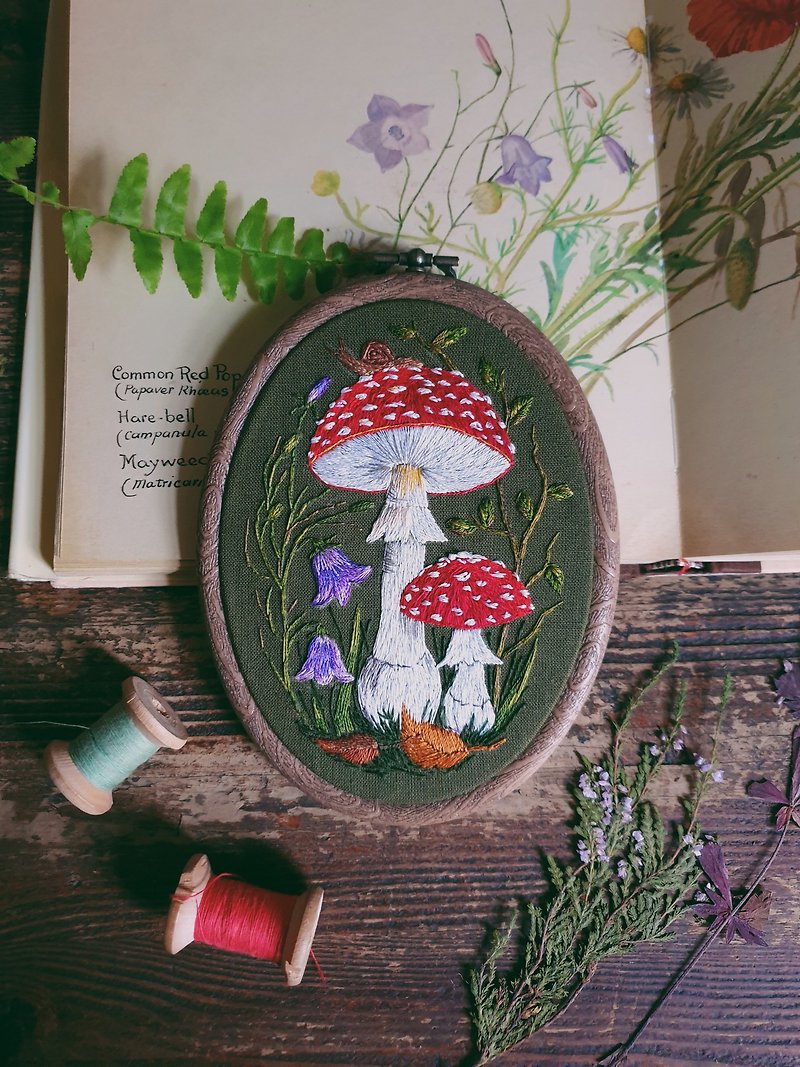 Hand Embroidered Amanita Muscaria Mushroom Wall Hanging Hoop
