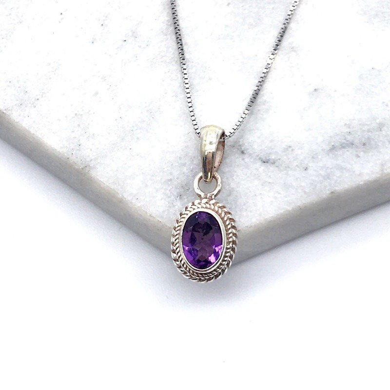 紫水晶925纯银简约镶边项链 尼泊尔手工镶嵌制作 - 项链 - 宝石 紫色