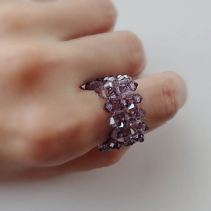 格子 格纹 串珠戒指, 施华洛世奇元素 - 戒指 - 玻璃 紫色
