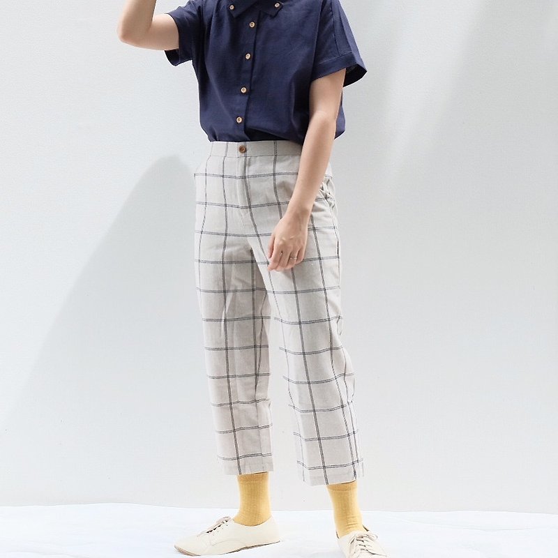 Hikaru Linen Pants : Chess Pattern , Khaki Color - 女装长裤 - 棉．麻 卡其色