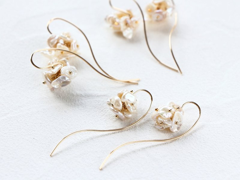 14kgf- blossom pearl pierced earrings - 耳环/耳夹 - 宝石 透明