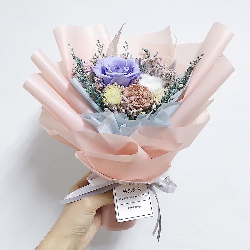 【遇见恒久】粉嫩紫永生玫瑰花束 - 干燥花/捧花 - 植物．花 