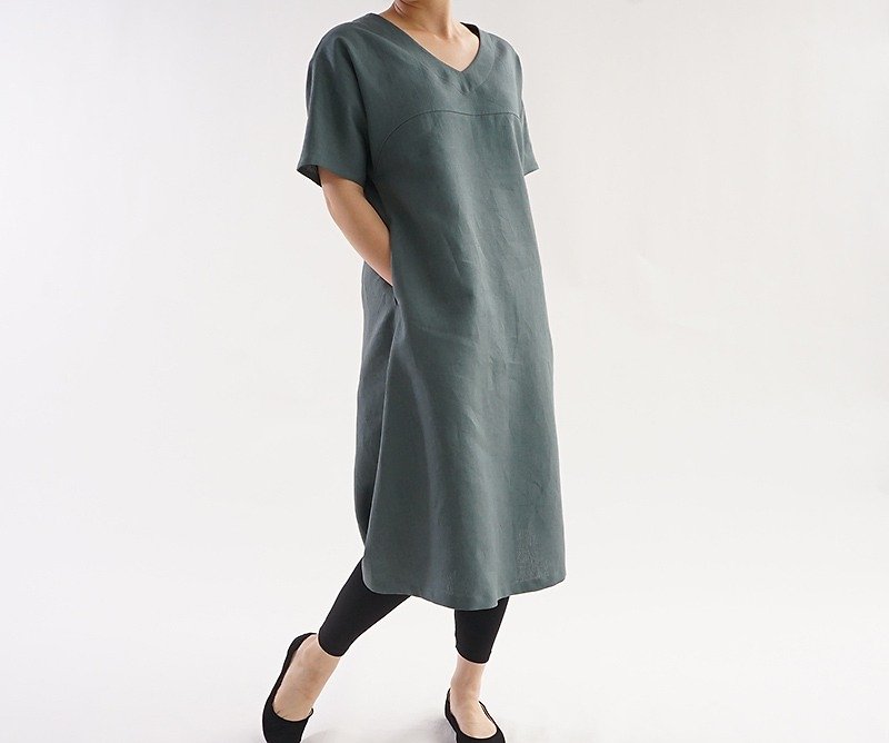 Linen V neck flare line Dolman One Piece / Laurie a16-7 - 洋装/连衣裙 - 棉．麻 绿色