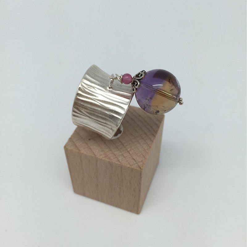 宝石戒指 紫黄水晶圆珠纯银压木纹 可调戒围 项链坠饰 礼盒 - 戒指 - 纯银 紫色