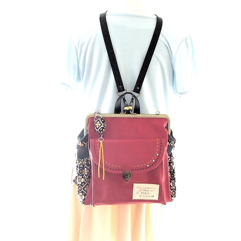 Back pocket & right zipper with 3 WAY backpack set Retro flower x red - 后背包/双肩包 - 真皮 红色