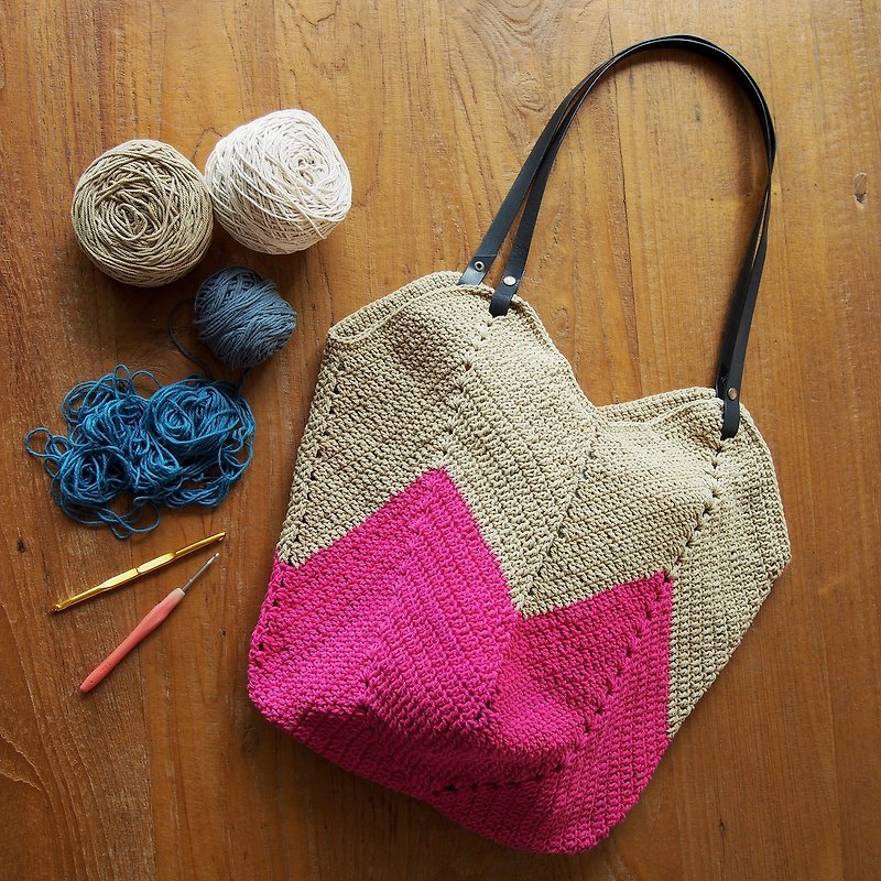 Handmade Granny square crochet shopping bag mixs Natural, Pink - 手提包/手提袋 - 其他材质 紫色
