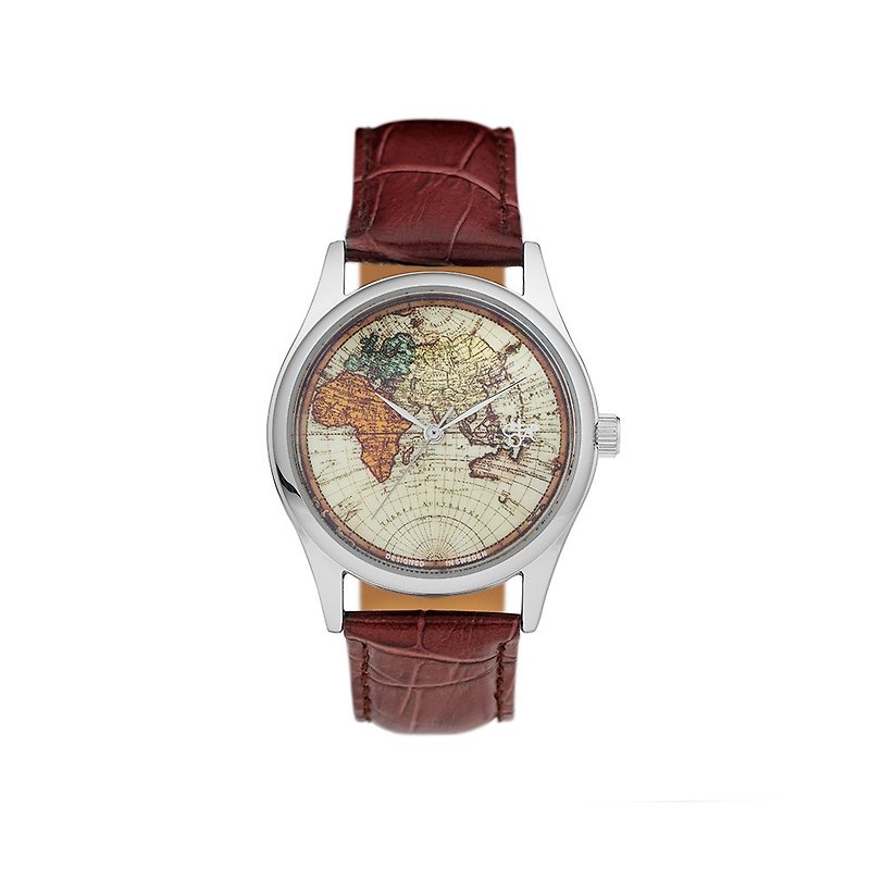 Chpo Brand 瑞典品牌 - Vintage World 银表盘棕皮革 手表 - 男表/中性表 - 不锈钢 咖啡色