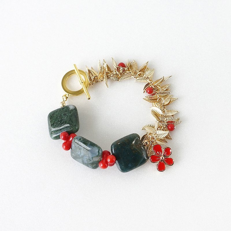 佳节主题天然石手链 // 苔藓玛瑙+红珊瑚 - 手链/手环 - 半宝石 绿色