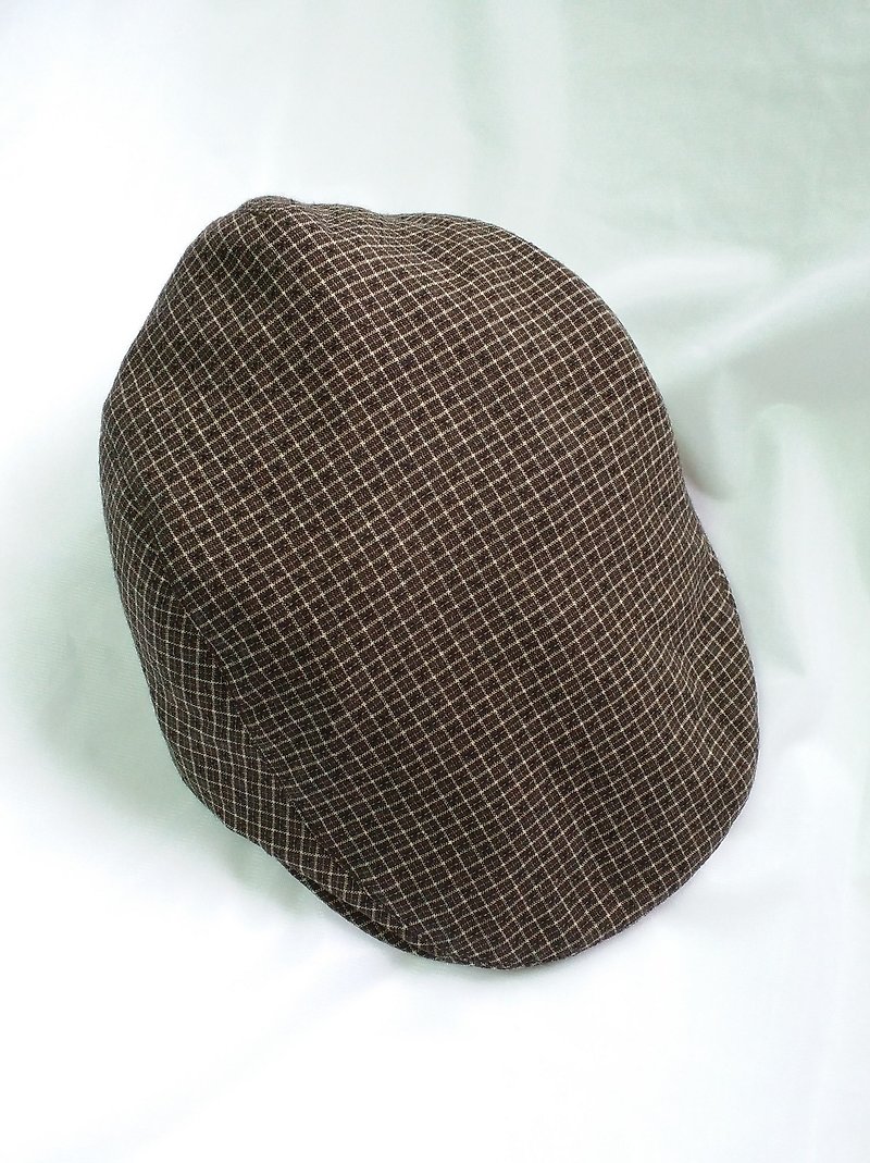 黑褐先染细织格纹狩猎帽(Flat Cap) - 帽子 - 棉．麻 咖啡色