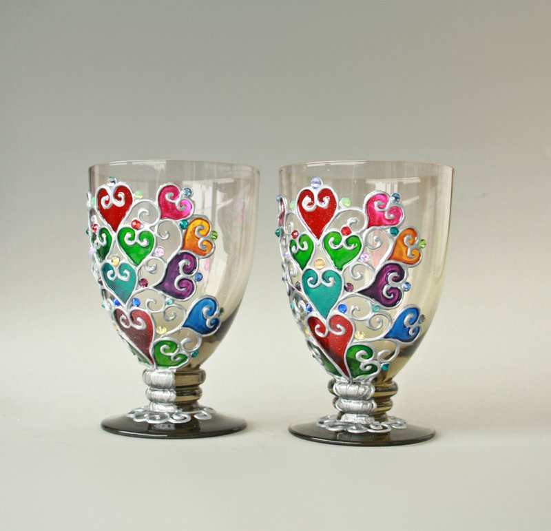 玻璃 酒杯/酒器 多色 - Tree of Life Glasses, Wine Glasses, Hand Painted, Set of 2