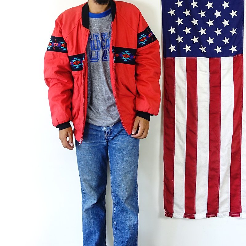 BajuTua /古着/ 80's 美国制 印地安native图腾 鲜红色刷毛夹克 - 男装外套 - 棉．麻 红色