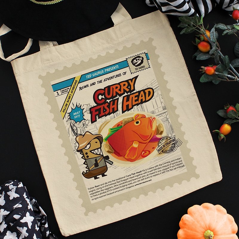 棉．麻 手提包/手提袋 - Tee-Saurus Happy Totes - Singapore Curry Fish Head Cotton Tote Bag