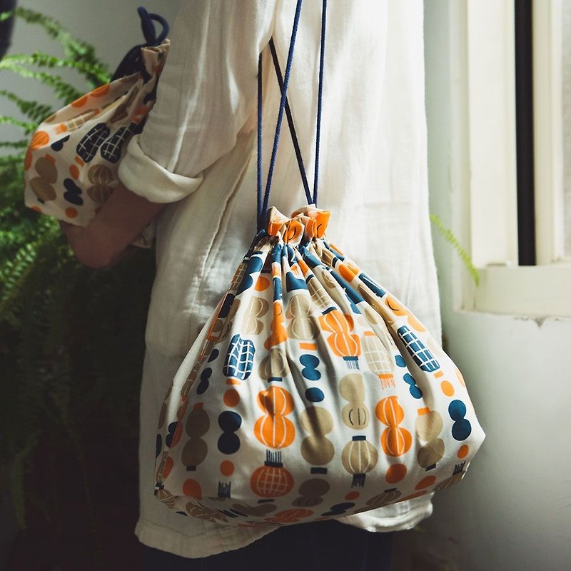 束口旅行衣物袋-L/米力系列/灯笼/橘蓝 - 化妆包/杂物包 - 棉．麻 橘色