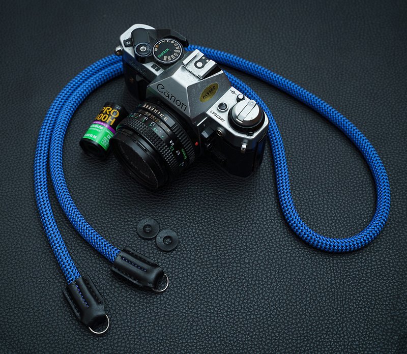 真皮相机带 蓝黑 10mm 登山绳复古 手工制作 菲林相机 礼物 摄影 - 相机背带/脚架 - 真皮 蓝色