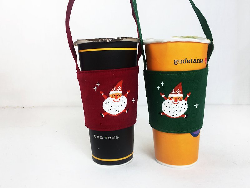 包邮 圣诞环保杯套- 圣诞老公公 礼物 (可绘制\中英文名字请备注) - 随行杯提袋/水壶袋 - 棉．麻 