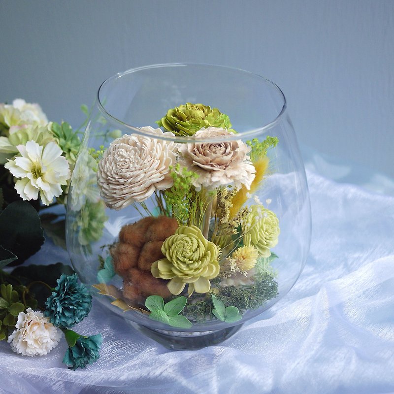 伊登典藏-大地黄绿 木玫瑰 玻璃桌花 微景观 - 干燥花/捧花 - 植物．花 绿色
