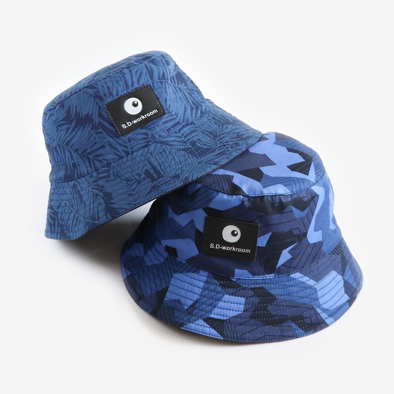 蓝色印花系列双面渔夫帽 - 帽子 - 棉．麻 蓝色
