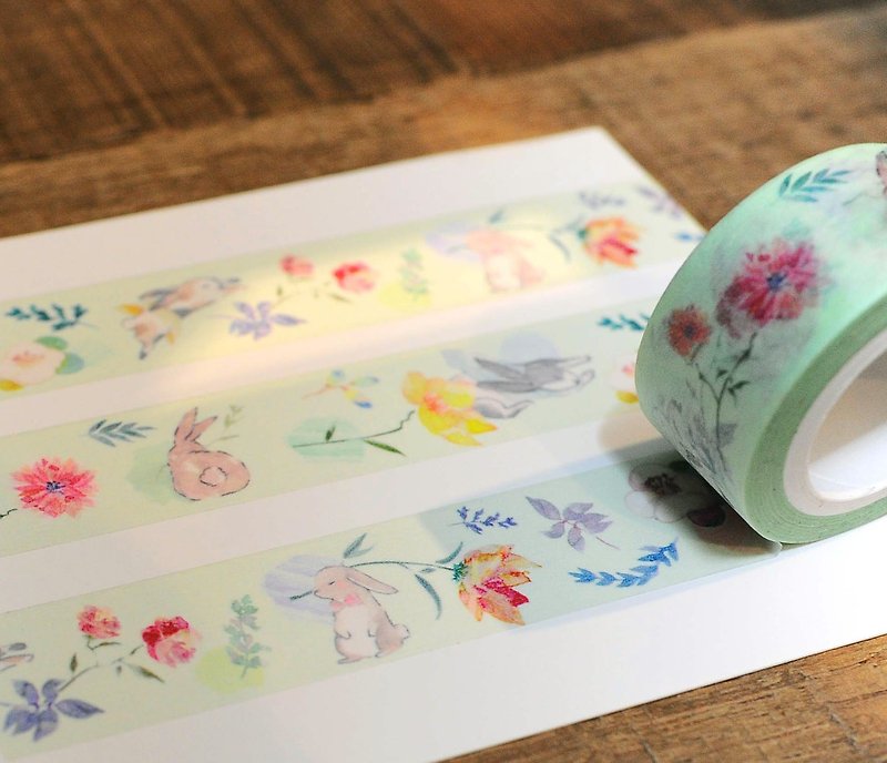 芮比花园 和纸 宽版纸胶带 水彩花卉 兔子 - 纸胶带 - 纸 绿色