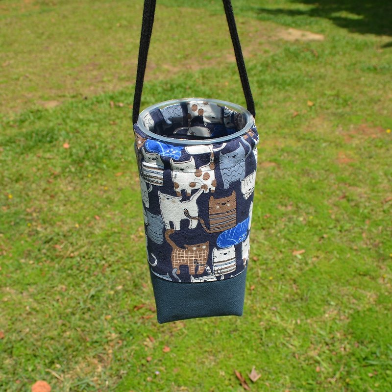 猫咪的百态束口环保杯袋 饮料提袋 保温瓶提袋 手作 帆布 方便 - 随行杯提袋/水壶袋 - 棉．麻 蓝色