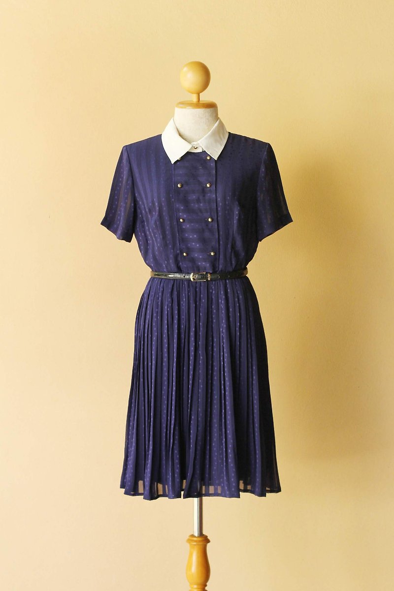 Vintage dress Navy blue white collar pleat skirt - 洋装/连衣裙 - 聚酯纤维 蓝色
